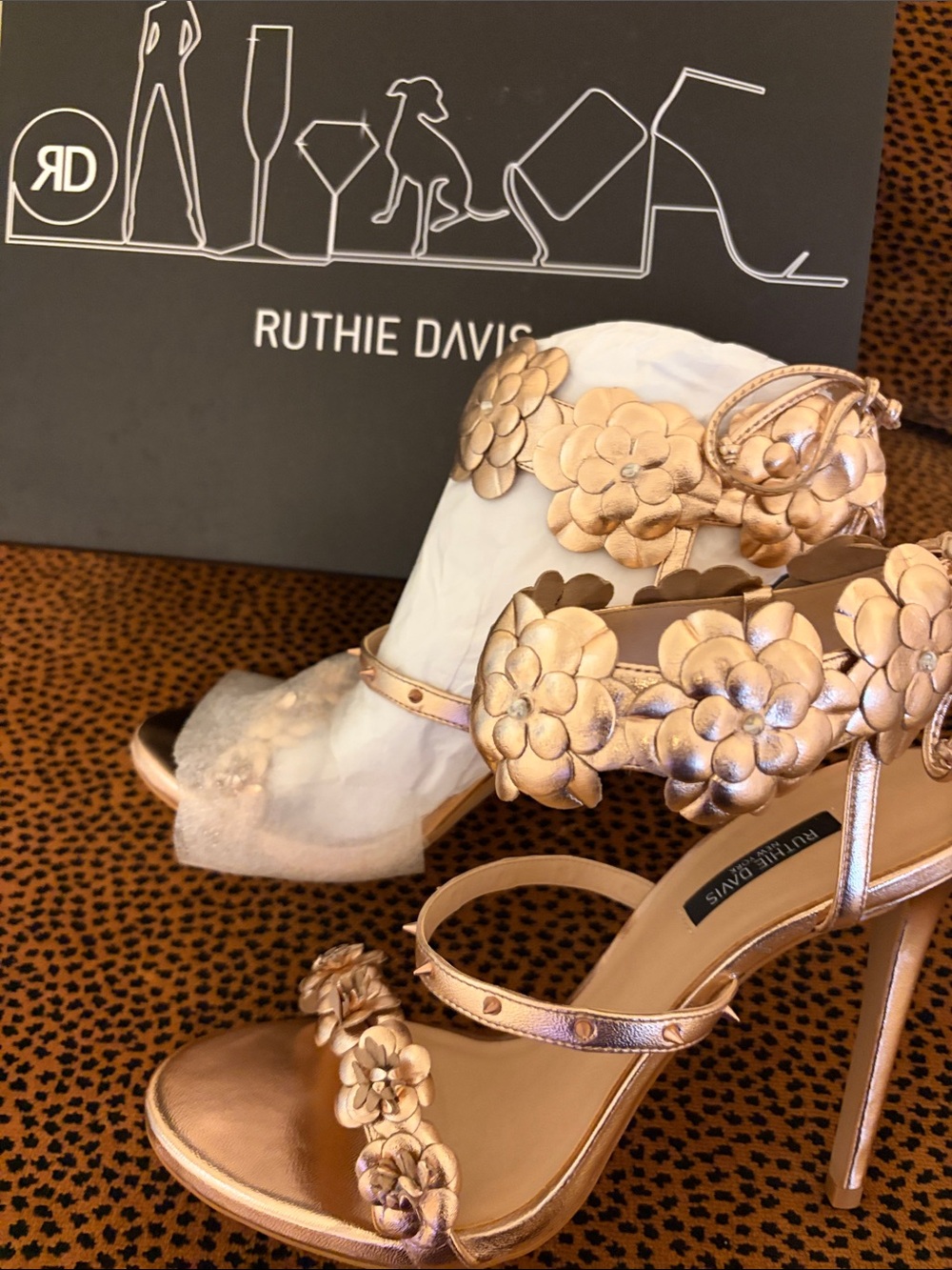 Ruthie Davis Metallic Rose Gold Floral Strap Heels
